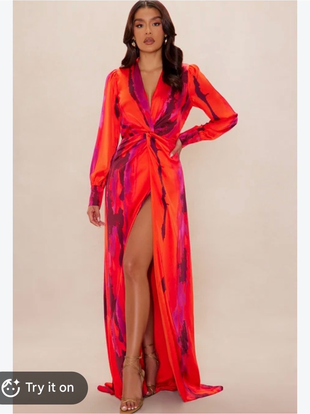 Fashion Nova Red and Pink Knot-Front Maxi Dress with High Slit